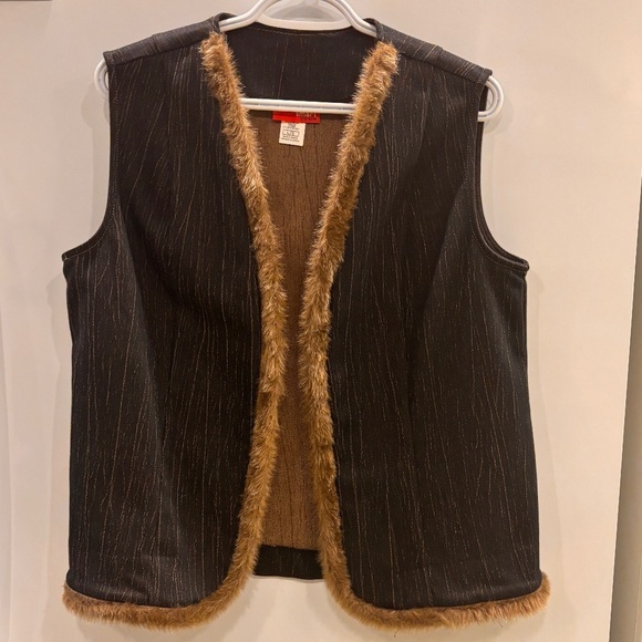 Y2K Vintage Dark Denim Vest Faux Fur Trim Open Front Streetwear Retro Vibe Sz: L - Picture 4 of 11